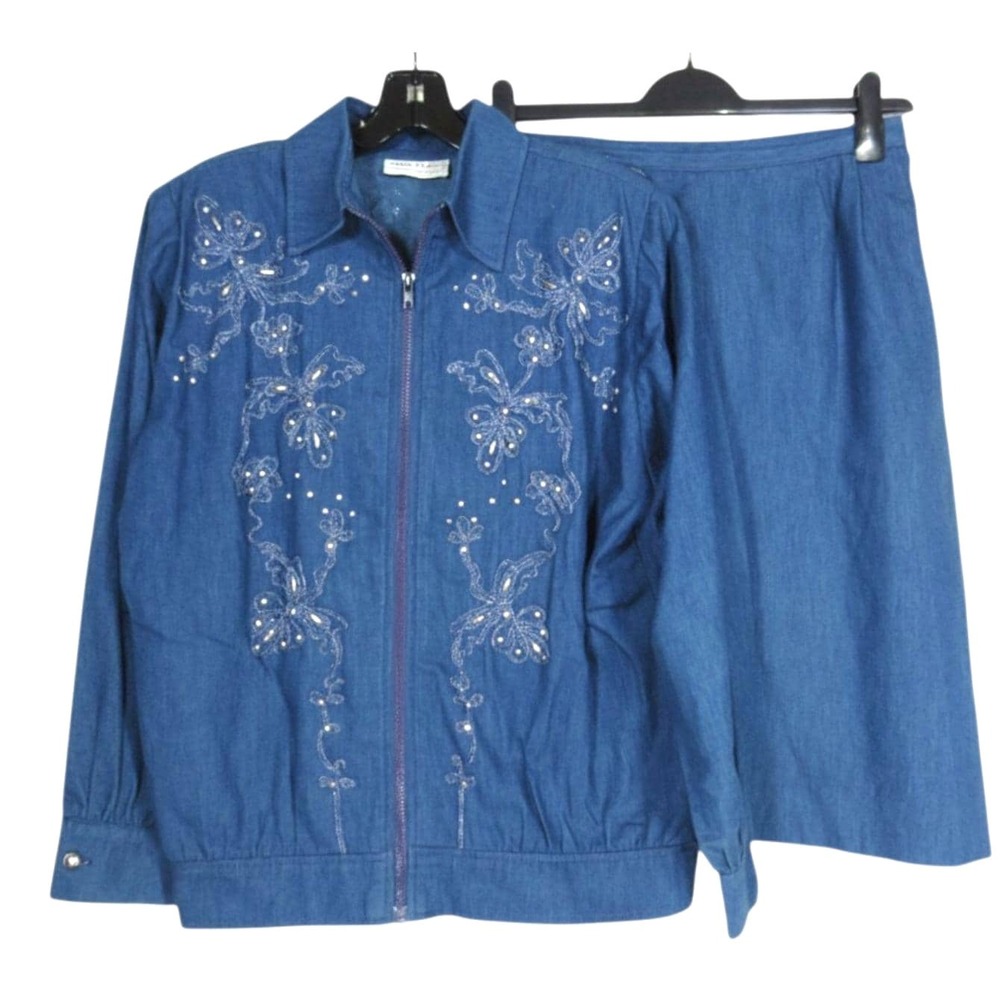 Vtg Three Flaggs 2-Pc. Dark Denim BEADED Floral Full Zip JACKET/SKIRT Outfit 8